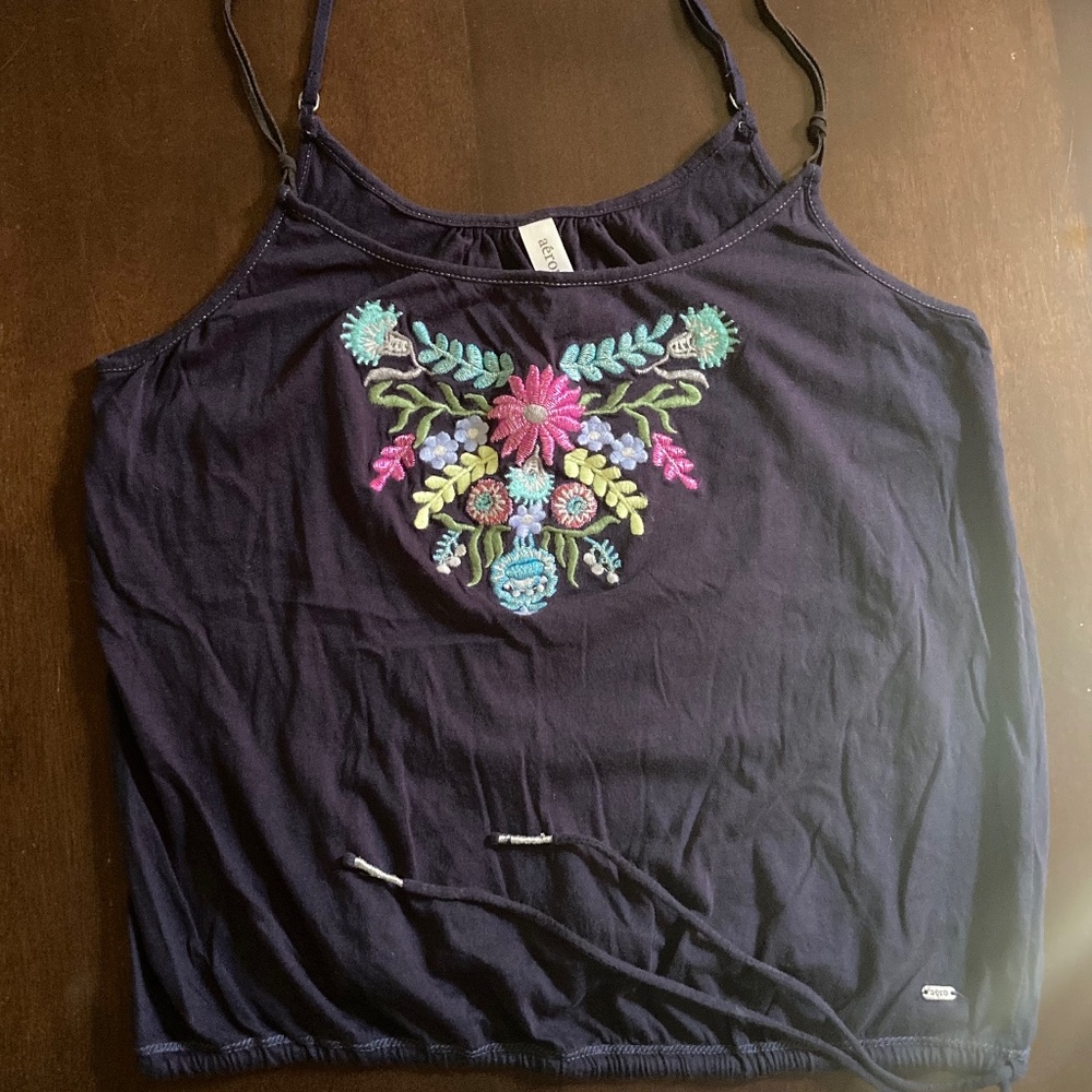 Navy Blue Aeropostale Floral Embroidered Tank Top Sz L